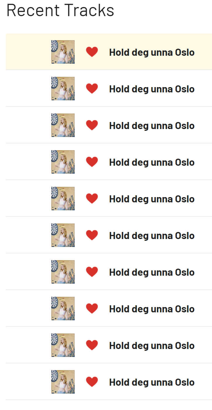 Skjermdump av last.fm.

På toppen står det "Recent Tracks".

Under er det 10 identiske oppføringar. Alle er for "Hold deg unna Oslo."