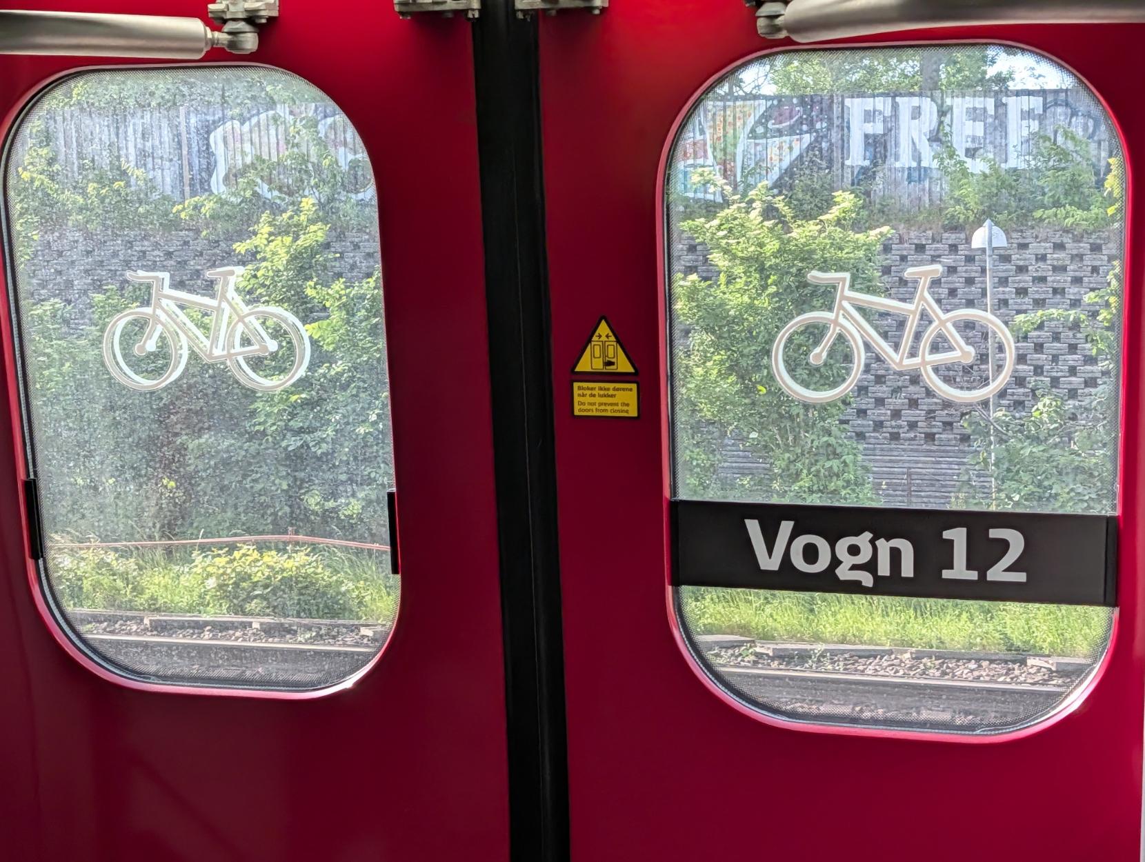 Eit bilete innanfrå eit DSB IC3-tog som viser dei lukka, raude partia til eit sett med ytterdører. Kvar av dei to dørene har eit avlangt, avrunda vindauge, og på begge vindaugo er det klistra eit kvitt sykkelsymbol som markerer fleirbruksarealet for syklar. På det høgre vindauget står det òg «Vogn 12» i kvit skrift på eit svart felt. Mellom dørene sit eit gult og svart trikantgult varselskilt. Gjennom vindaugo ser ein ut på jernbanesporet og ein grøn skråning med ein støttemur av betongstein, grøne buskar og ein murvegg med kvit grafitti i bakgrunnen.