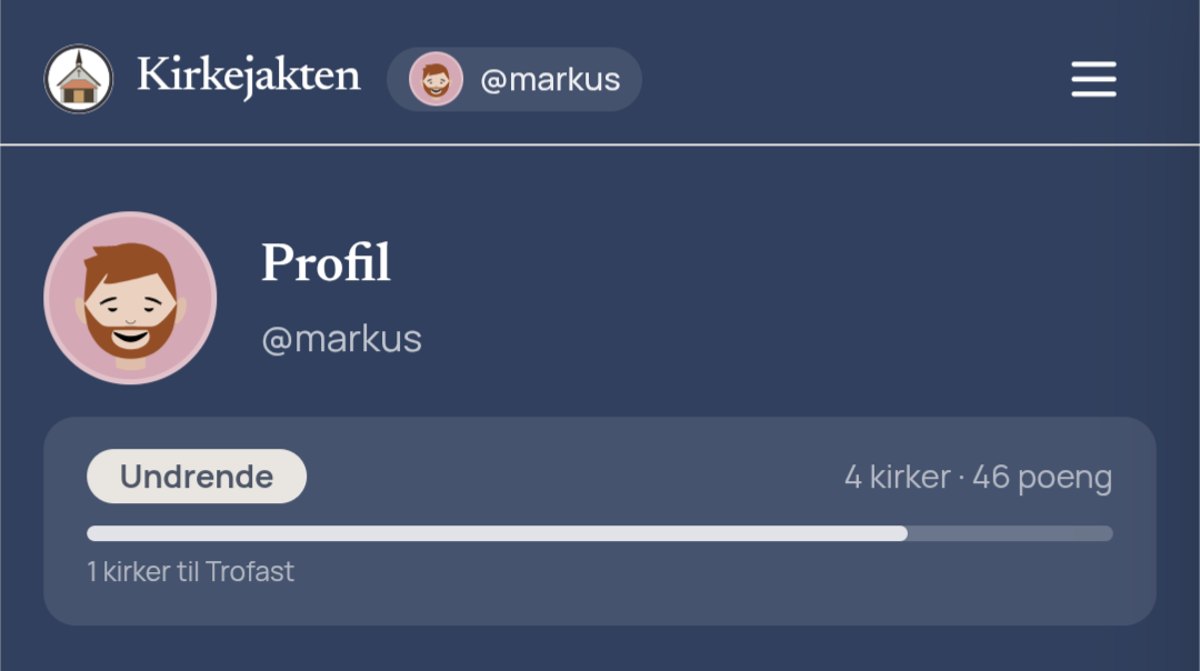 Eit skjermbilete av ein profilside frå appen Kirkejakten, vist mot ein mørkeblå bakgrunn. Øvst er det ei kvit menylinje med ein rund logo som viser ei kyrkje, teksten «Kirkejakten», ein liten profilknapp med brukarnamnet «@markus» og eit hamburgermeny-ikon heilt til høgre.
Midt på sida står overskrifta «Profil» i stort, kvitt skrift over brukarnamnet «@markus». Til venstre for teksten er det eit sirkulært, rosa profilbilete med ein illustrasjon av ein smilande mann med raudbrunt hår og skjegg. Nedst i biletet er det eit avrunda, lysare blått panel som viser status og framdrift: ein kvit knapp merka «Undrende» på venstre side, og teksten «4 kirker · 46 poeng» til høgre. Under dette ligg ein kvit framdriftsbar som er nesten heilt fylt ut, med teksten «1 kirker til Trofast» ståande like under.