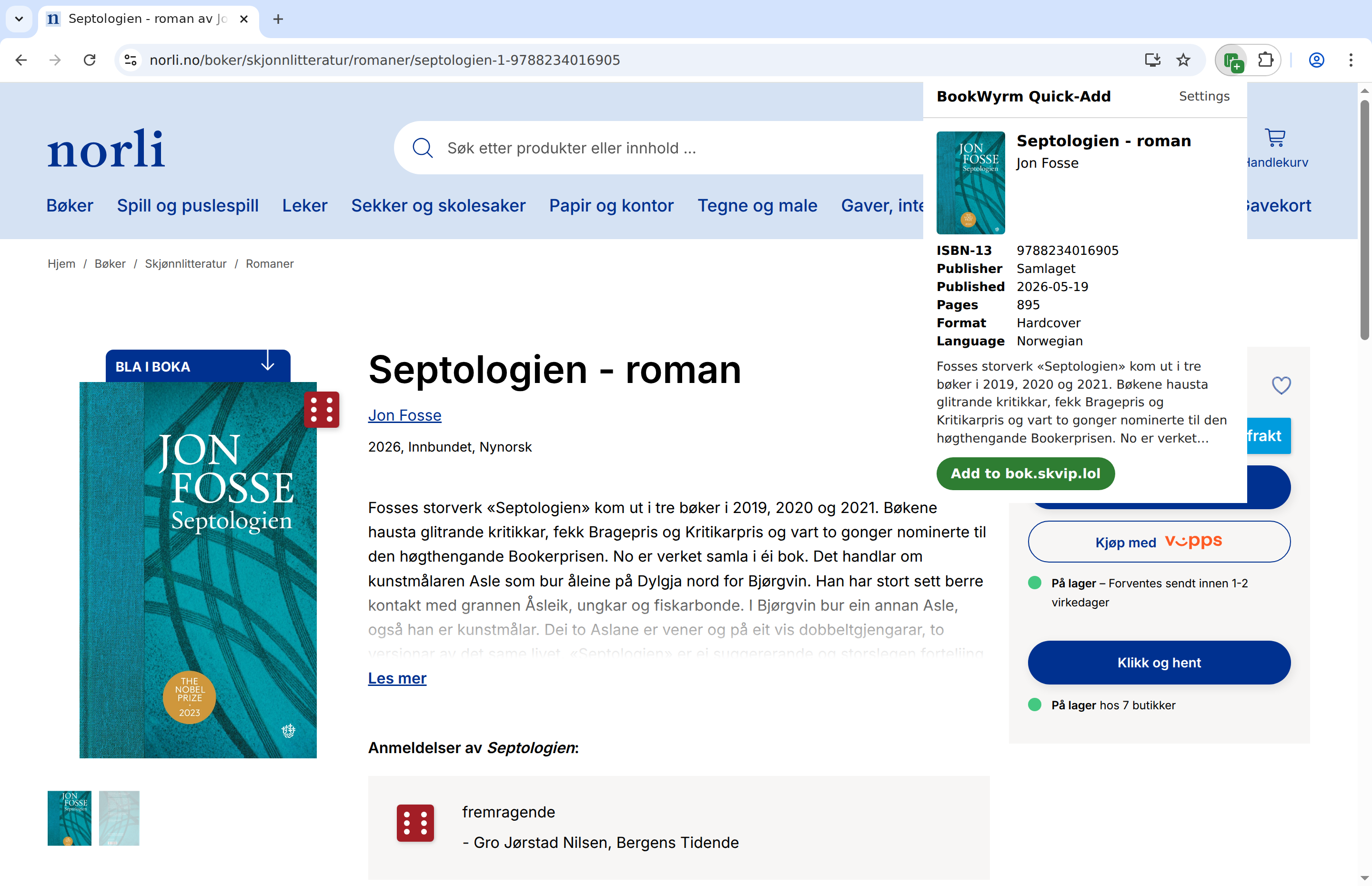 Skjermbilete av produktsida for Septologien – roman av Jon Fosse på Norli.no. Til venstre ser vi det turkise bokomslaget, og midt på sida står tittel, forfattar, utgjevingsår, språk og ein kort omtale. Til høgre er eit BookWyrm Quick-Add-vindauge med bokdetaljar som ISBN, forlag, sidetal, format og ein knapp for å leggje boka til på bok.skvip.lol.