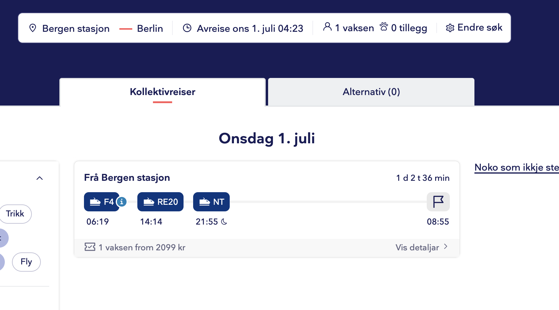Skjermbilete frå reisesøket på Entur. Søket går frå Bergen stasjon til Berlin, med avreise onsdag 1. juli. Eitt reiseframlegg er vist for «Onsdag 1. juli»: frå Bergen stasjon, samla reisetid 1 døgn 2 timar 36 minutt. Reisa har tre tog-etappar — F4 kl. 06:19, RE20 kl. 14:14 og NT kl. 21:55 (sistnemnde merkt med eit måne-ikon for nattog) — og kjem fram kl. 08:55. Nedst står det «1 vaksen frå 2099 kr» og ei lenkje «Vis detaljar».